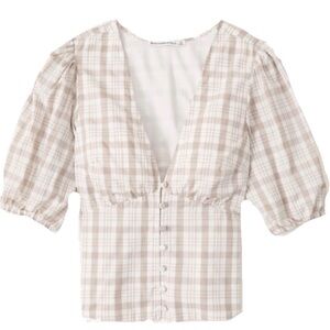 Abercrombie & Fitch Brown Plaid Puff Sleeve Blouse